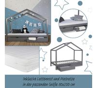 Lit D'Enfant 90x200 cm Matelas Maison Cabane 2 Tiroirs en Bois Gris Homestyle4u
