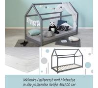 Lit D'Enfant 90x200 cm Matelas Simple Cabane Maison Gris en Bois Homestyle4u
