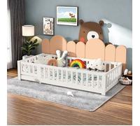 Lit d'enfant 90x200cm, lit parapluie avec barrière et porte, lit simple, lit en bois doux, avec sommier à lattes, blanc