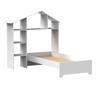 Lit d'enfant à latte naturelle, lit avec étagères en MDF/pin coloris blanc mat laqué - Longueur 147.8 x Profondeur 198 x Hauteur 154.1 cm -JUANIO - Blanc G