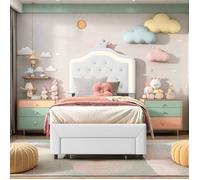 Lit d'enfant - AMBIANCE- 90x200 cm - en PU - Lumières LED - Structure de lit avec Tiroir de Rangement - Lit Princesse