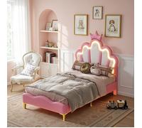 Lit d'enfant - AMBIANCE - 90x200cm - Lit de princesse en cuir PU - Lumineuse LED réglable - Rose