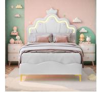 Lit d'enfant - AMBIANCE - 90x200cm - Lit de princesse en forme de couronne - Cadre de lit en cuir PU - Lumineuse LED réglable