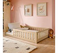 Lit d'Enfant au Sol 120x200 cm Avec Protection Contre Les Chutes & Sommier à Lattes Montessori, Barreaux, Adolescent, Simple, Option Avec Matelas Naturel Garçon Fille