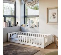 Lit d'Enfant au Sol 90x200 cm Avec Protection Antichute & Sommier à Lattes Montessori - Lit à Barreaux, d'Adolescent, Simple - Option Avec Matelas - Blanc - Pour Garçons et Filles