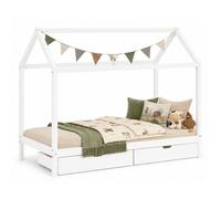 Lit Enfant matelas Maison Cabane Bois Blanc 90x200 Lattes 2 Tiroirs Homestyle4u
