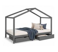 Lit D'Enfant avec matelas 90x200 Lit Maison Lit Cabane Lit Montessori Lit Bois Gris Tiroir