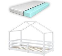 Lit d'enfant avec matelas et protection contre les chutes 70x140cm Lit d'intérieur avec matelas en mousse froide Maison de lits avec sommier à lattes en pin Lit pour jeunes enfants blanc [en.casa]