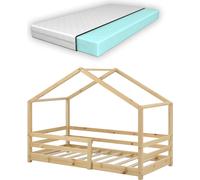 Lit d'enfant avec matelas et protection contre les chutes 70x140cm Lit d'intérieur avec matelas en mousse froide Maison de lit avec sommier à lattes en pin Lit pour petits enfants Naturel en bois [en.