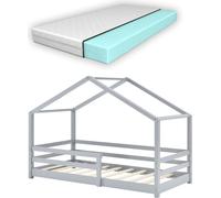 Lit d'enfant avec matelas et protection contre les chutes 70x140cm Lit d'intérieur avec matelas en mousse froide Maison de lits avec sommier à lattes en pin Lit pour jeunes enfants Gris clair [en.casa