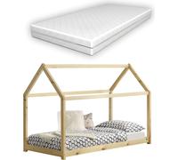 Lit d'enfant avec matelas orthopédique 70x140 cm Lit de maison en bois Maison design en bois de pin naturel avec matelas en mousse froide Oeko-Tex Standard 100 [en.casa]