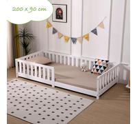 Lit d'enfant avec protection contre les chutes et matelas | 90 x 200 cm | Blanc | Bois de pin massif