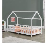 [en.casa] Lit Cabane Lit Enfant en Forme de Maison avec Sommier à Lattes avec Grille de Protection Confortable Capacité de Charge 120 kg Bois de Pin Contreplaqué 90 x 200 cm Blanc