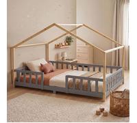 [en.casa] Lit d'enfant Cabane Treviolo 120 x 200 cm Gris Clair Naturel | Lit Montessori en Forme de Maison avec Barrière et Sommier à Lattes Style Scandinave Capacité 200 kg Bois de Pin