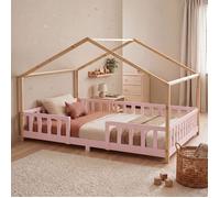 [en.casa] Lit d'enfant Cabane Treviolo 120 x 200 cm Rose Naturel | Lit Montessori en Forme de Maison avec Barrière et Sommier à Lattes Style Scandinave Capacité 200 kg Bois de Pin