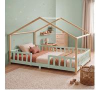 [en.casa] Lit d'enfant Cabane Treviolo 120 x 200 cm Vert Menthe Naturel | Lit Montessori en Forme de Maison avec Barrière et Sommier à Lattes Style Scandinave Capacité 200 kg Bois de Pin