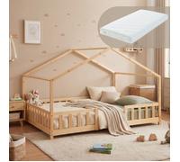 Lit d'enfant en forme de maison Treviolo avec matelas 140 x 200 cm bois de pin naturel