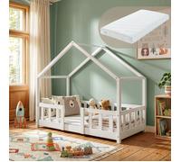 Lit d'enfant en forme de maison Treviolo avec matelas 70 x 140 cm bois de pin blanc