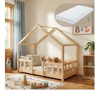 [en.casa] Lit d'enfant Cabane Treviolo 70 x 140 cm Lit Montessori en Forme de Maison avec Matelas Bois de Pin Naturel