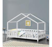 Lit d'Enfant Forme Maison avec Grille de Protection Treviolo 140 x 70 cm Blanc Mat Laqué