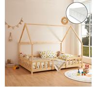 [en.casa] Lit Cabane avec Matelas à Mousse Froide Anti-Allergique Lit Enfant en Forme de Maison avec Sommier à Lattes Barrière de Sécurité Bois de Pin Contreplaqué 120 x 200 cm Naturel