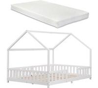 [en.casa] Lit Cabane avec Matelas à Mousse Froide Anti-Allergique Lit Enfant en Forme de Maison avec Sommier à Lattes Barrière de Sécurité Bois de Pin Contreplaqué 140 x 200 cm Blanc