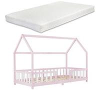 Lit d'enfant Forme Maison Sisimiut avec Matelas à Mousse à Froid 200 x 90 cm Rose Blanc [en.casa]