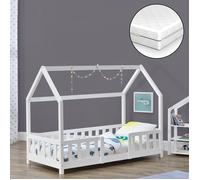 [en.casa] Lit Cabane avec Matelas à Mousse Froide Anti-Allergique Lit Enfant en Forme de Maison avec Sommier à Lattes Barrière de Sécurité Bois de Pin Contreplaqué 70 x 200 cm Blanc