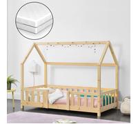 [en.casa] Lit Cabane avec Matelas à Mousse Froide Anti-Allergique Lit Enfant en Forme de Maison avec Sommier à Lattes Barrière de Sécurité Bois de Pin Contreplaqué 80 x 160 cm Naturel