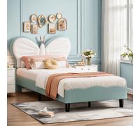 Lit d'enfant Lit 90x200cm, lit simple, cadre de lit avec lampe de lecture LED, tête de lit réglable, lit d'adolescent pour garçons & filles, velours, sans matelas, bleu