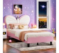 Lit d'enfant Lit 90x200cm, lit simple, cadre de lit avec lampe de lecture LED, tête de lit réglable, lit d'adolescent pour garçons & filles, velours, sans matelas, rose