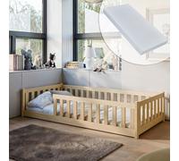 Lit d'enfant Lit au sol 90x200 cm Lit avec matelas, protection contre les chutes & sommier à lattes Montessori Lit Lit à barreaux Enfants Lit d'adolescent Lit individuel complet naturel garçon fille