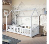 Lit d'enfant lit de Maison lit au Sol 90x200 cm lit avec Protection Contre Les Chutes & sommier à Lattes Montessori Lit Lit à barreaux Enfants lit d'adolescent lit, Option avec Matelas Blanc