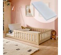 Lit d'enfant Lit de sol 120x200 cm avec matelas, protection contre les chutes & sommier Montessori Lit Lit à barreaux Enfants Lit d'adolescen simple naturel plus de tailles 80x160 90x200 140x200 cm