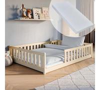 Lit d'enfant Lit de sol 140x200 cm avec matelas, protection contre les chutes & sommier à lattes Montessori Lit Lit à barreaux Enfants Lit d'adolescent naturel plus de tailles 80x160 90x200 120x200 cm