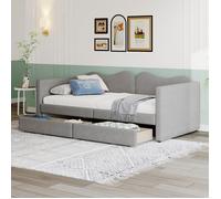 Lit d'enfant Lit rembourré 90*200 cm, lit sofa avec 2 tiroirs, cadre de lit en tissu ourson, lit souple avec dossier ,Gris