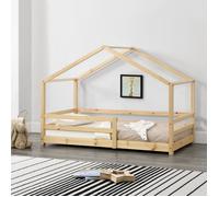 [en.casa] Lit d'enfant en Forme de Maison avec Barreaux de Sécurité Grille de Protection Structure Solide Design Ludique Pin Naturel 80 x 160 cm Bois Naturel