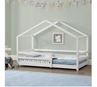 Lit d'Enfant Maison avec Barreaux de Sécurité Knätten Pin 90 x 200 cm Blanc Mat Laqué [en.casa]