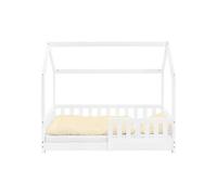 ML-Design Lit Cabane Enfant 70x140 cm Blanc avec Matelas, Protection Contre la Chute, Toit et Sommier à Lattes, en Bois de Pin Massif, Style Maison, Couchage au Sol Maisonnette pour Fille Garçon