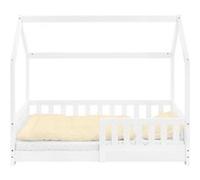 ML-Design Lit Cabane Enfant 70x140 cm Blanc avec Matelas, Protection Contre la Chute, Toit et Sommier à Lattes, en Bois de Pin Massif, Style Maison, Couchage au Sol Maisonnette pour Fille Garçon