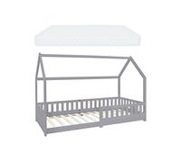 ML-Design Lit Cabane Enfant 90x200 cm Gris Clair avec Matelas H:10cm, Protection Contre la Chute, Toit et Sommier à Lattes, en Bois Massif, Style Maison, Couchage Maisonnette pour Fille Garçon