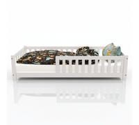 Juskys Lit au Sol Enfant Naya 90x200 cm avec Barrière de Sécurité et Sommier à Lattes, Lit à barreaux Montessori en Bois Massif Pin pour Enfants, Blanc