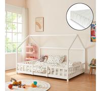 Lit d'enfant 'Sisimiut' à l'aspect de maison avec matelas et protection contre les chutes Bois de pin 120 x 200 cm Blanc