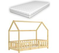 Lit d'enfant 'Sisimiut' à l'aspect de maison avec matelas et protection contre les chutes Bois de pin 70 x 140 cm Couleurs du bois