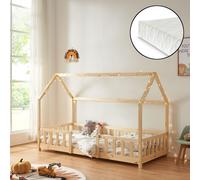 Lit d'enfant 'Sisimiut' à l'aspect de maison avec matelas et protection contre les chutes Bois de pin 90 x 200 cm Couleurs du bois