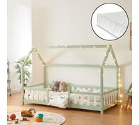 Lit d'enfant 'Sisimiut' à l'aspect de maison avec matelas et protection contre les chutes Bois de pin 90 x 200 cm menthe / blanc