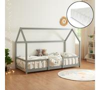 Lit d'enfant 'Sisimiut' à l'aspect de maison avec matelas et protection contre les chutes Bois de pin 90 x 200 cm Gris clair / Blanc