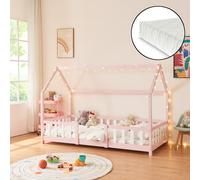 Lit d'enfant 'Sisimiut' à l'aspect de maison avec matelas et protection contre les chutes en pin 90 x 200 cm rose / blanc