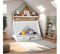 Lit D'Enfant Tipi avec Matelas 90x200 Lit Maison Blanc Gris avec Sommier à Lattes Tiroir