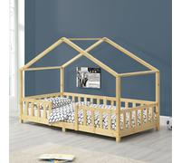 Lit d'Enfant Forme Maison avec Grille de Protection Treviolo 200 x 90 cm Bois naturel [en.casa] Bois naturel G